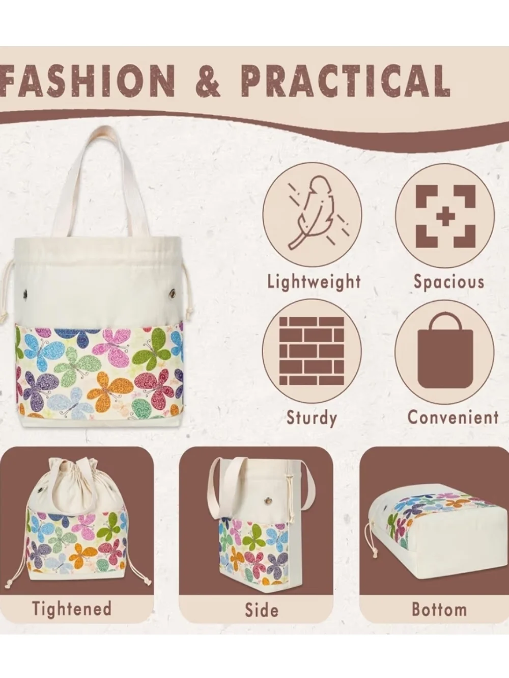 Butterfly Canvas Project Bag Tote - Cream with Multicolor Butterflies